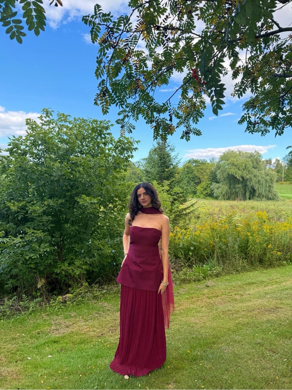 PrettyLittleThing Strapless Burgundy Maxi Dress